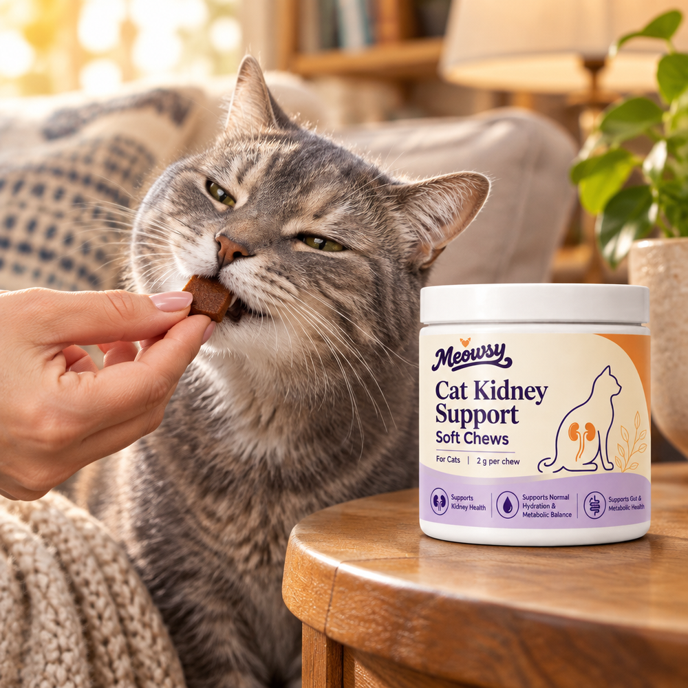 Cat taking a Meowsy chew