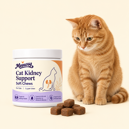 Meowsy Cat Kidney Support Soft Chews with a ginger cat and chews