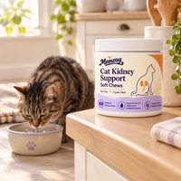 Cat drinking water beside the Meowsy Kidney Support jar