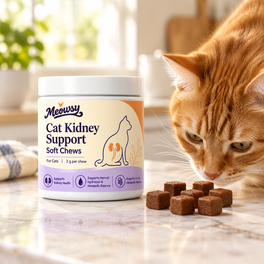 Ginger cat sniffing Meowsy soft chews beside the jar