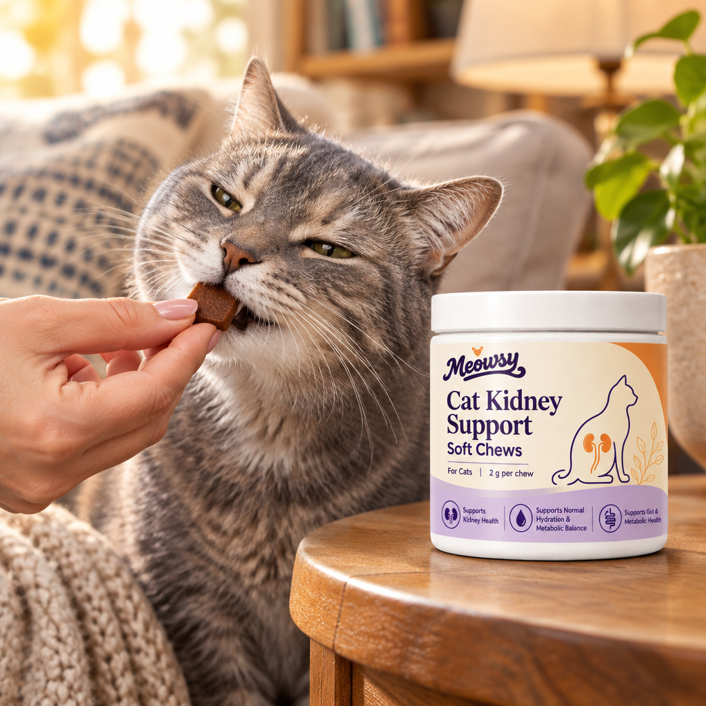 Cat taking a Meowsy soft chew from a hand