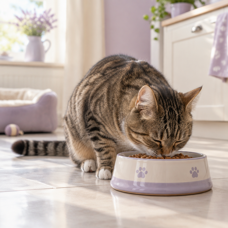 Cat eating from a bowl