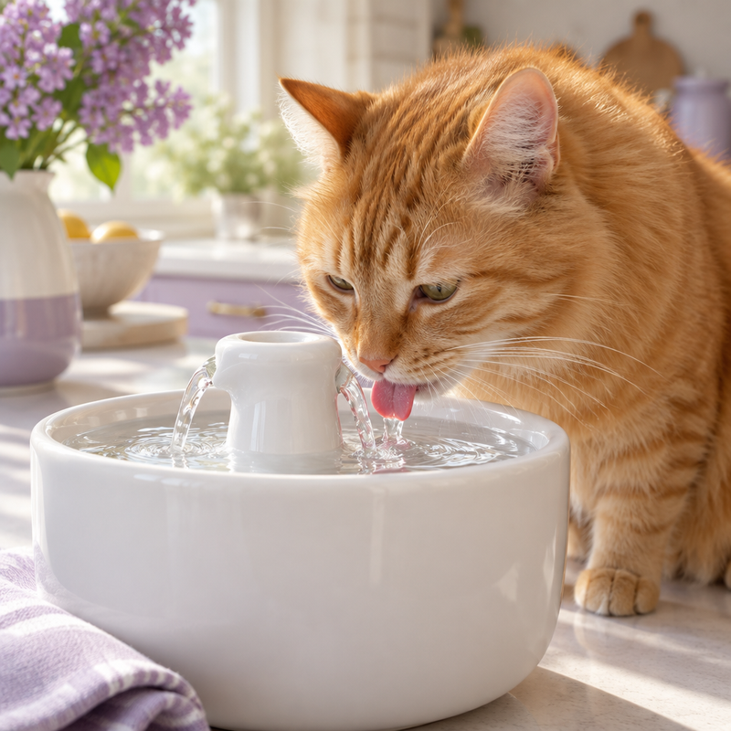 Cat drinking from a fountain